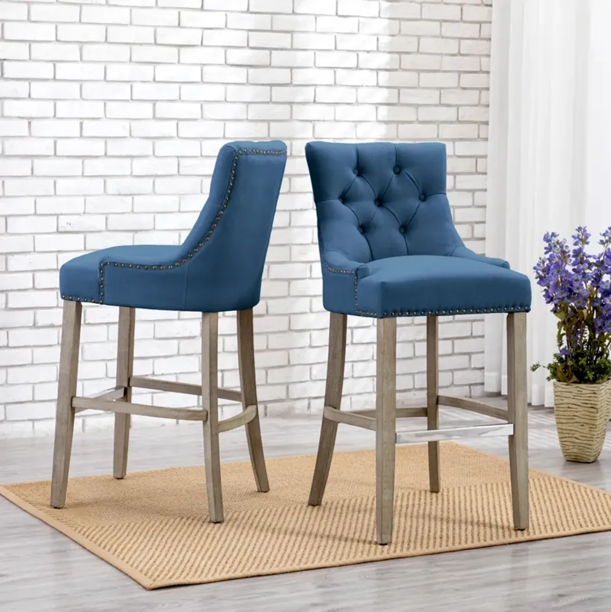 WestinTrends 29" Linen Fabric Tufted Upholstered Bar Stool (Set of 2), Antique Grey