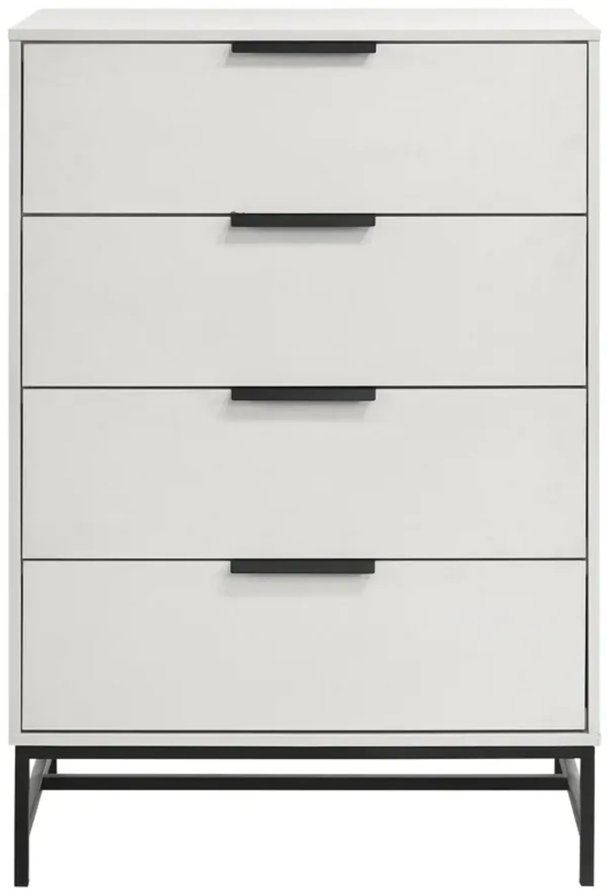 Noro Tall Dresser Chest, 4 Storage Drawers, Modern White, Black Metal - Benzara