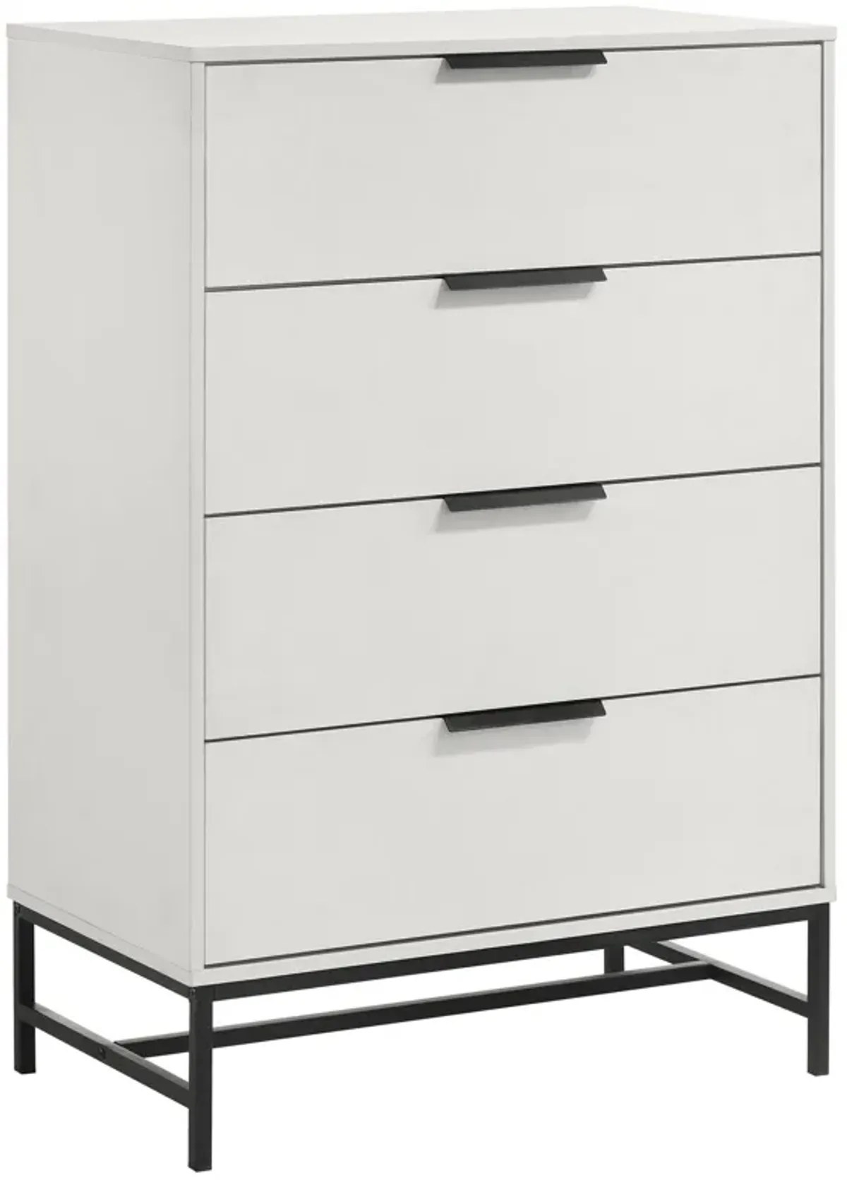 Noro Tall Dresser Chest, 4 Storage Drawers, Modern White, Black Metal - Benzara