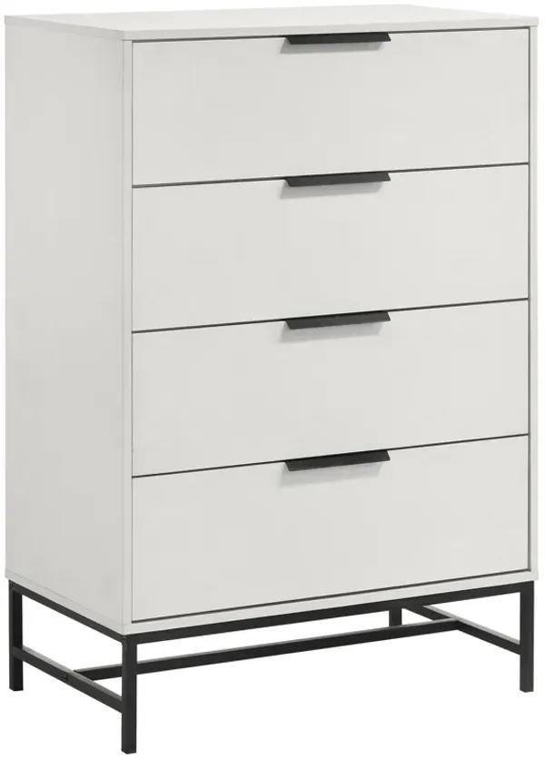 Noro Tall Dresser Chest, 4 Storage Drawers, Modern White, Black Metal - Benzara