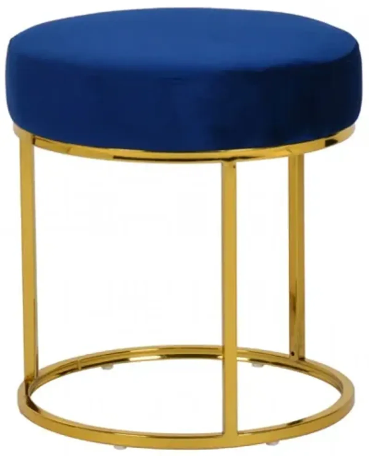 Compact Blue Velvet And Gold Round Ottoman