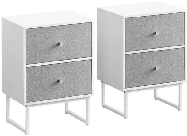 Jem 22 Inch Nightstand Set of 2, Soft Fabric Front Drawers, White Steel - Benzara