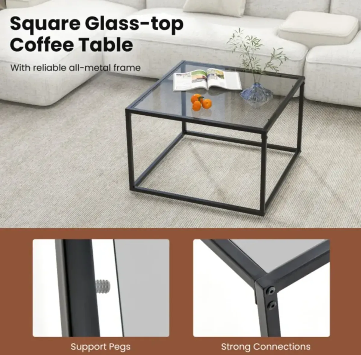 Hivvago 27.5 Inch Home Square Tea Table with Heavy-duty Metal Frame