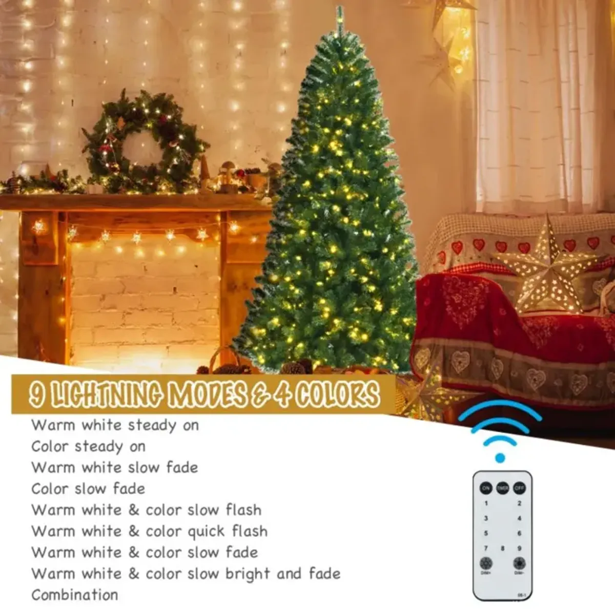 Hivvago 6/7/8 Feet Artificial Christmas Tree with Remote-controlled Color-changing LED Lights