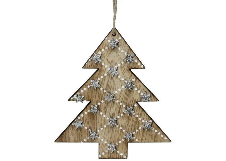 4.5" Brown and Silver Wooden Tree Hanging Christmas Ornament