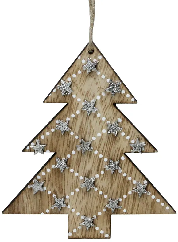 4.5" Brown and Silver Wooden Tree Hanging Christmas Ornament