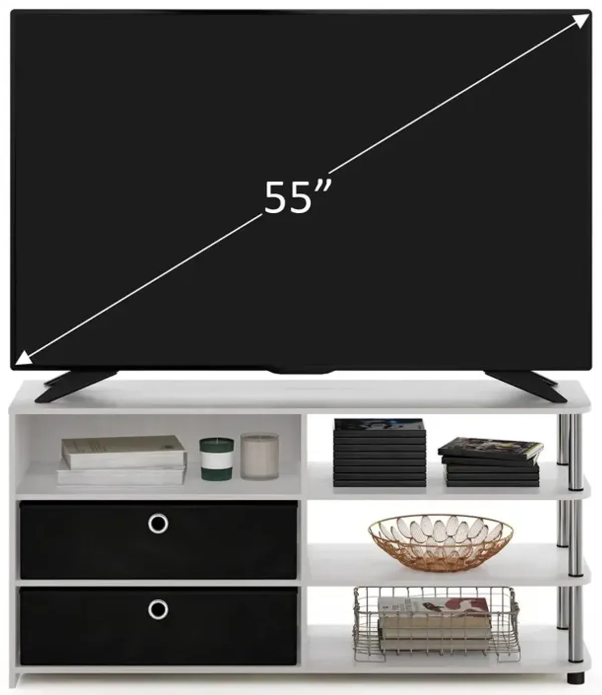 Furinno JAYA Simple Design TV Stand for up to 55-Inch with Bins, White Oak, Stainless Steel Tubes