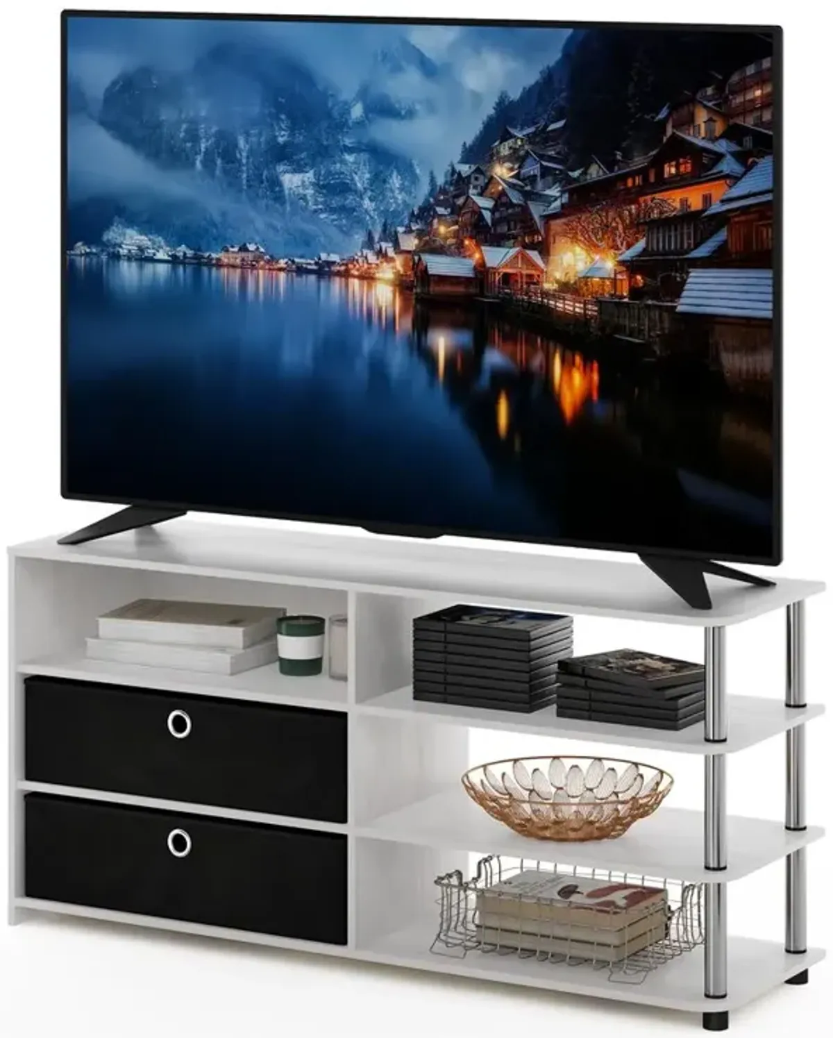 Furinno JAYA Simple Design TV Stand for up to 55-Inch with Bins, White Oak, Stainless Steel Tubes