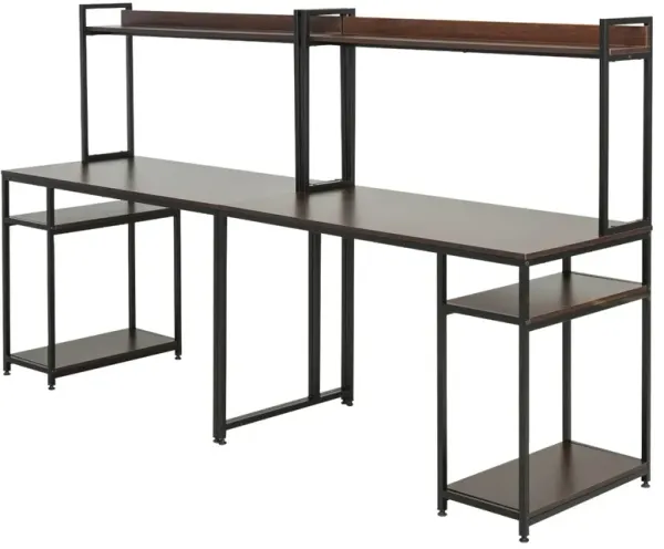 Black/Brown Home Office: Double Computer Desk with Open Shelf