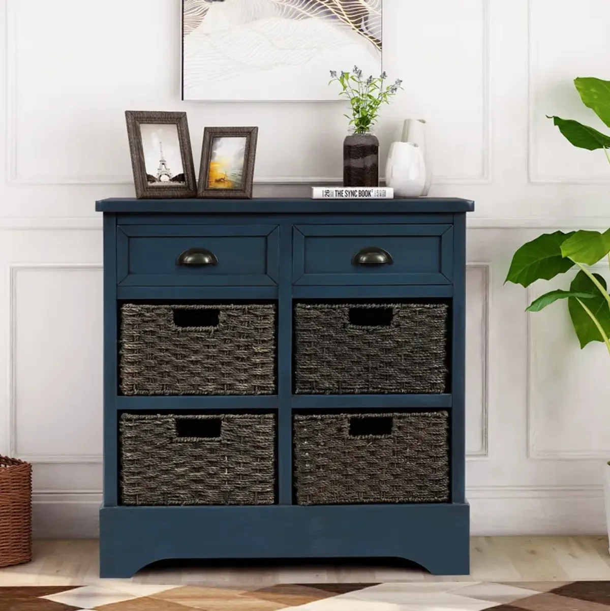 Rustic Storage Cabinet With Two Drawers And Four Classic Rattan Basket