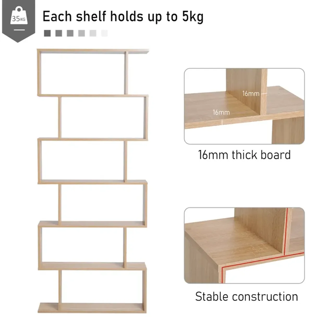 HOMCOM 75"H Bookcase 6 Shelf S-Shaped Bookshelf Storage Display Stand Organizer