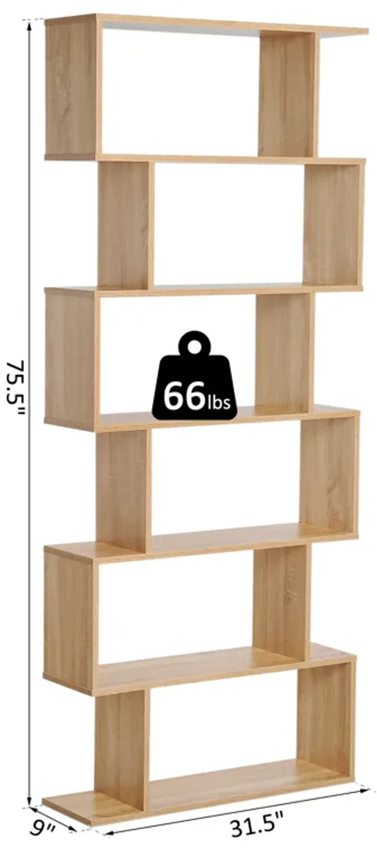 HOMCOM 75"H Bookcase 6 Shelf S-Shaped Bookshelf Storage Display Stand Organizer