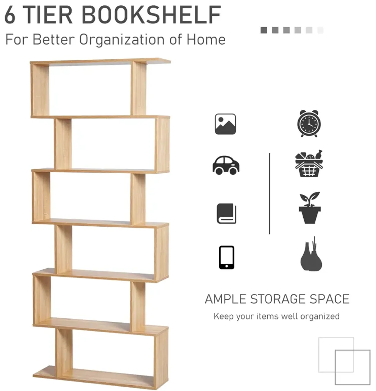 HOMCOM 75"H Bookcase 6 Shelf S-Shaped Bookshelf Storage Display Stand Organizer