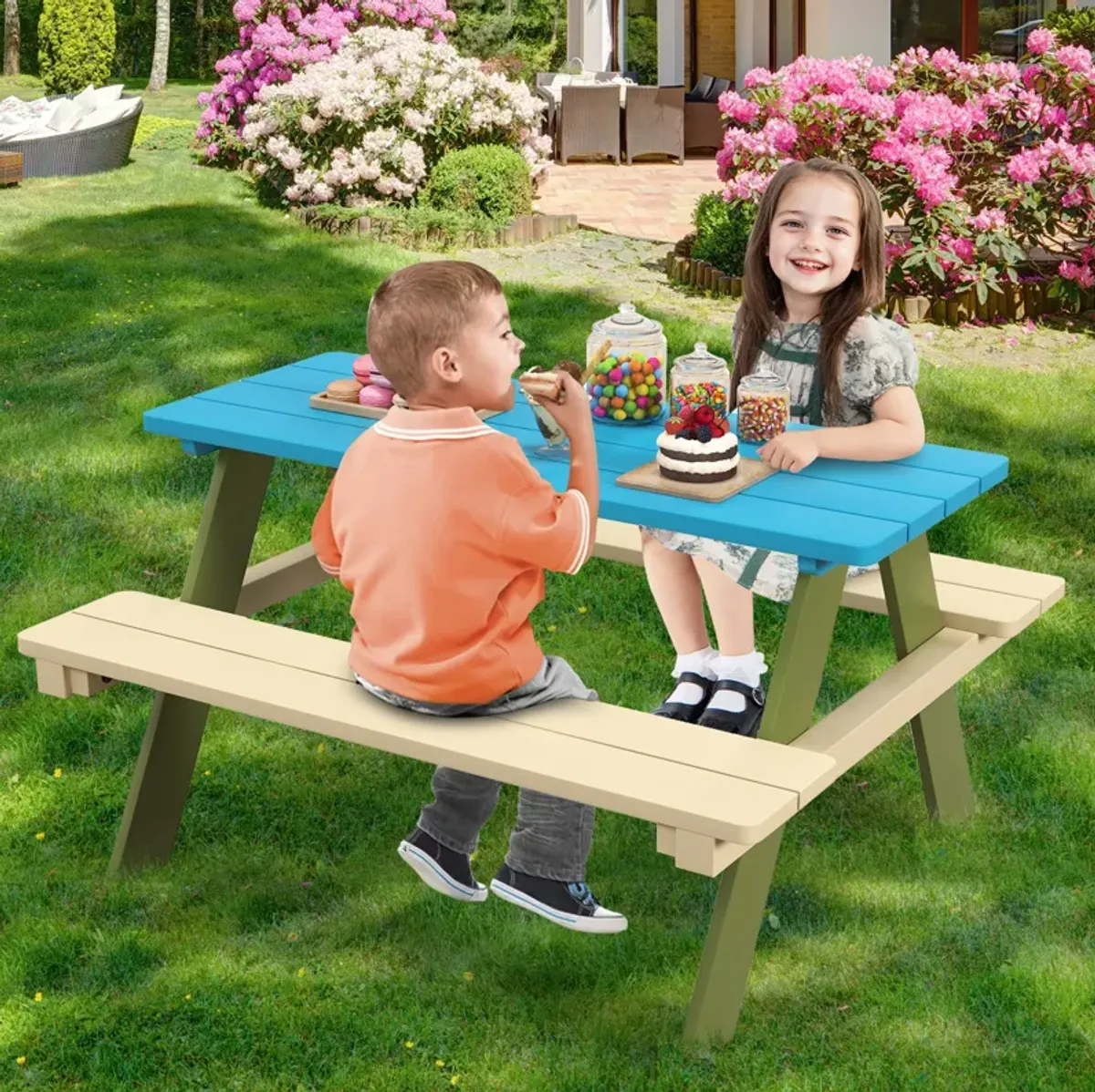 Kids Wooden Picnic Table Set Toddler Activity and Dining Table with Built-in Benches