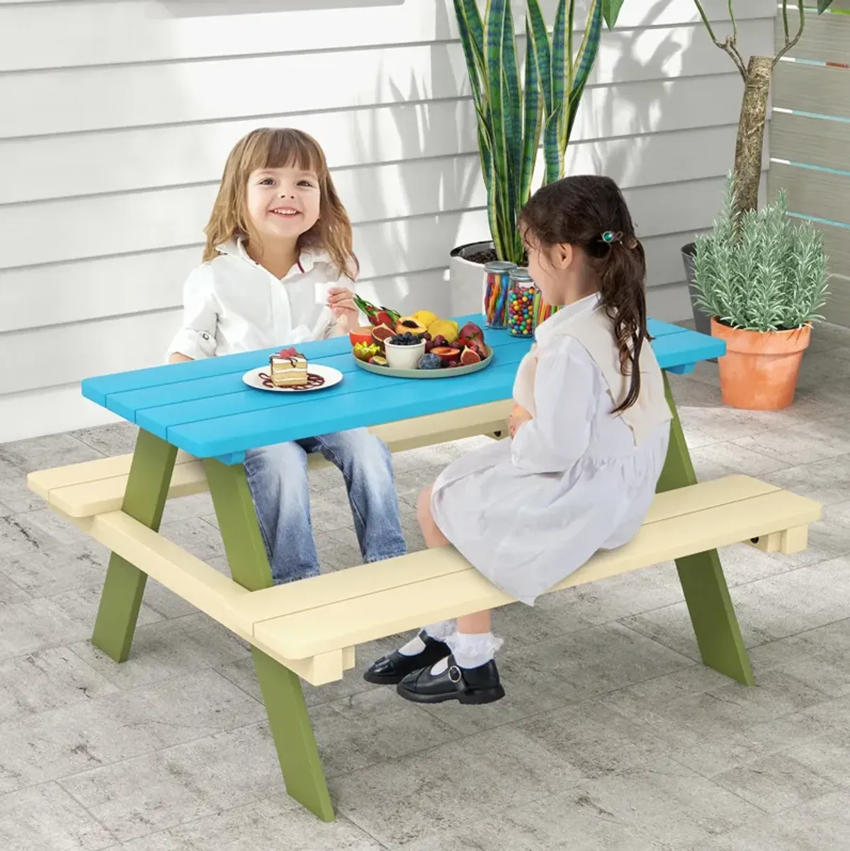 Kids Wooden Picnic Table Set Toddler Activity and Dining Table with Built-in Benches