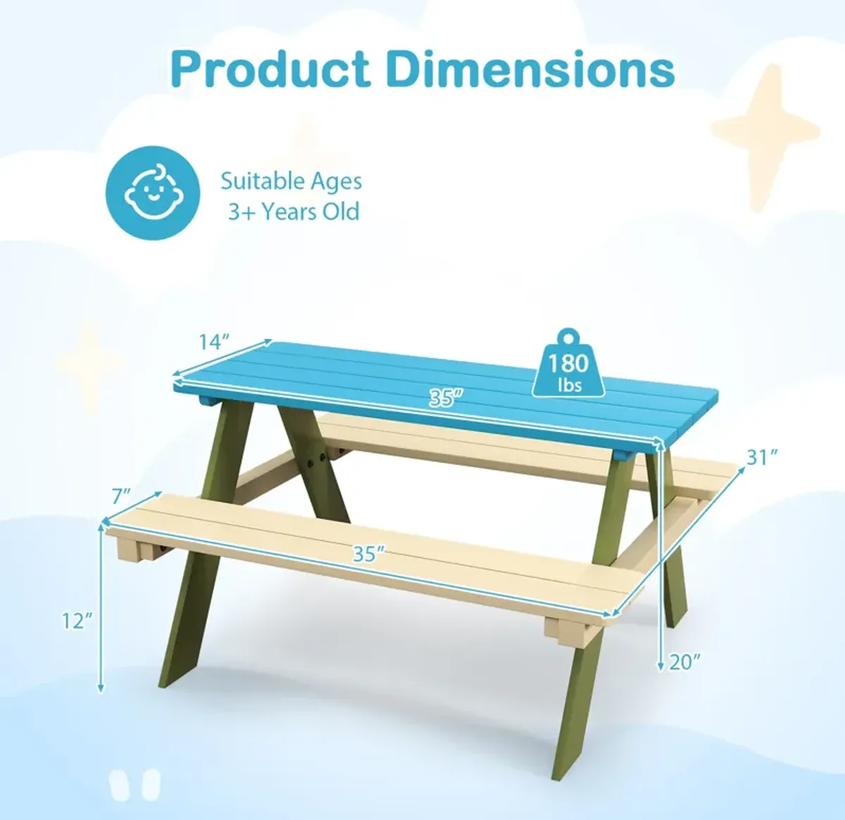 Kids Wooden Picnic Table Set Toddler Activity and Dining Table with Built-in Benches