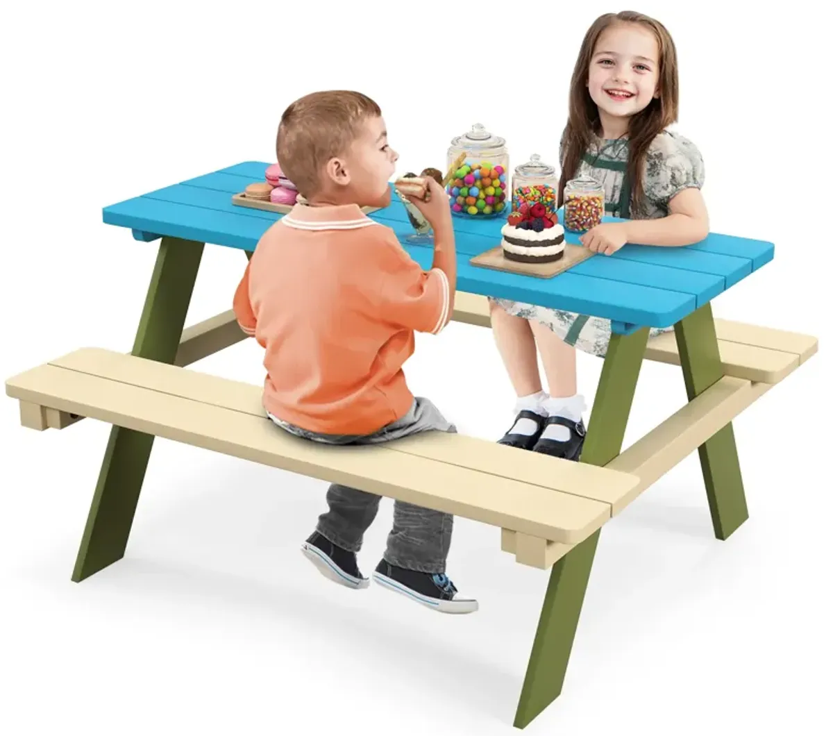 Kids Wooden Picnic Table Set Toddler Activity and Dining Table with Built-in Benches