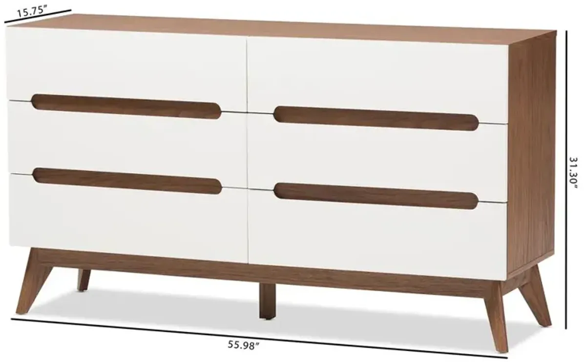 Baxton Studio Calypso Mid-Century Modern White and Walnut Wood 6-Drawer Storage Dresser