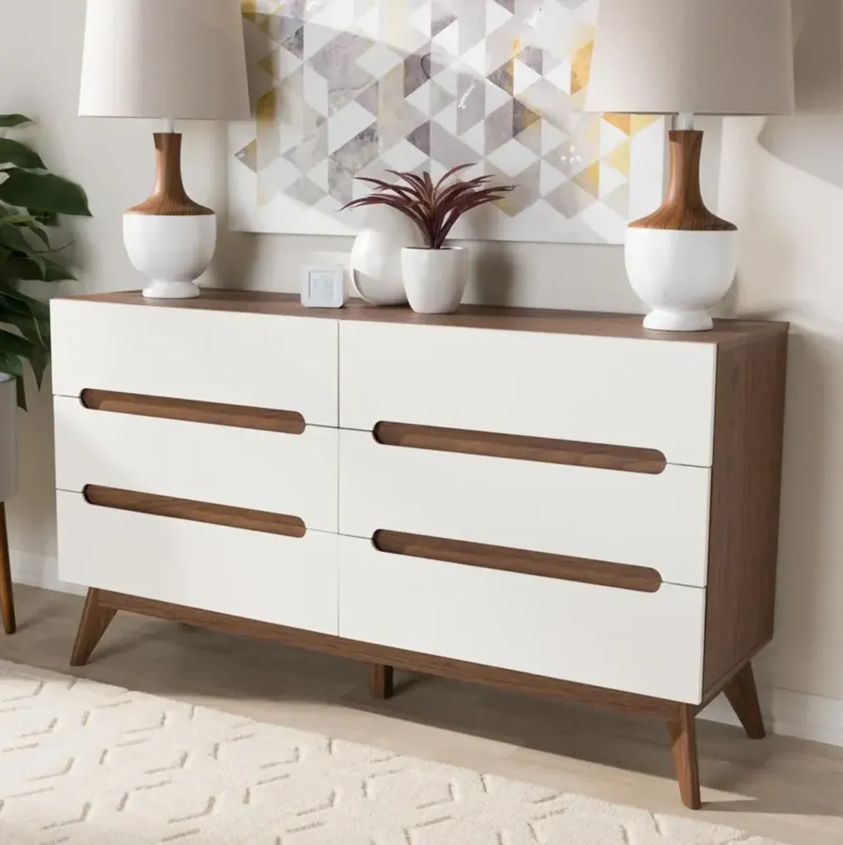 Baxton Studio Calypso Mid-Century Modern White and Walnut Wood 6-Drawer Storage Dresser