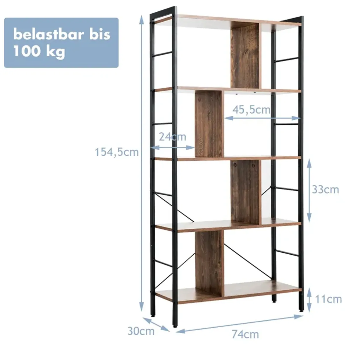 4-Tier Industrial Freestanding Bookshelf with Metal Frame