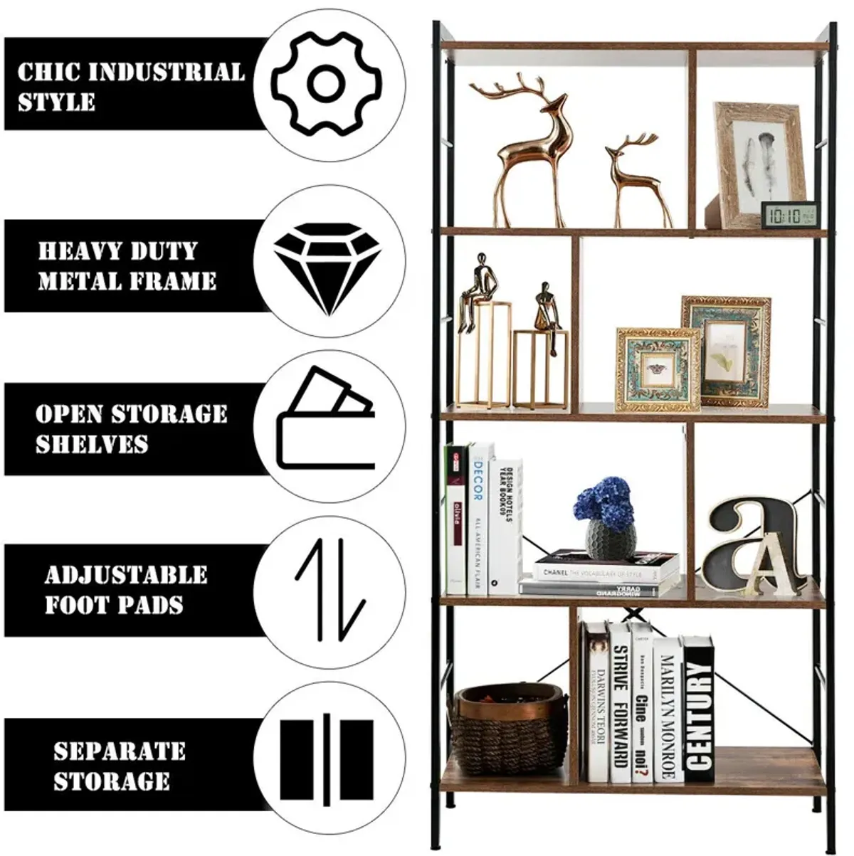 4-Tier Industrial Freestanding Bookshelf with Metal Frame