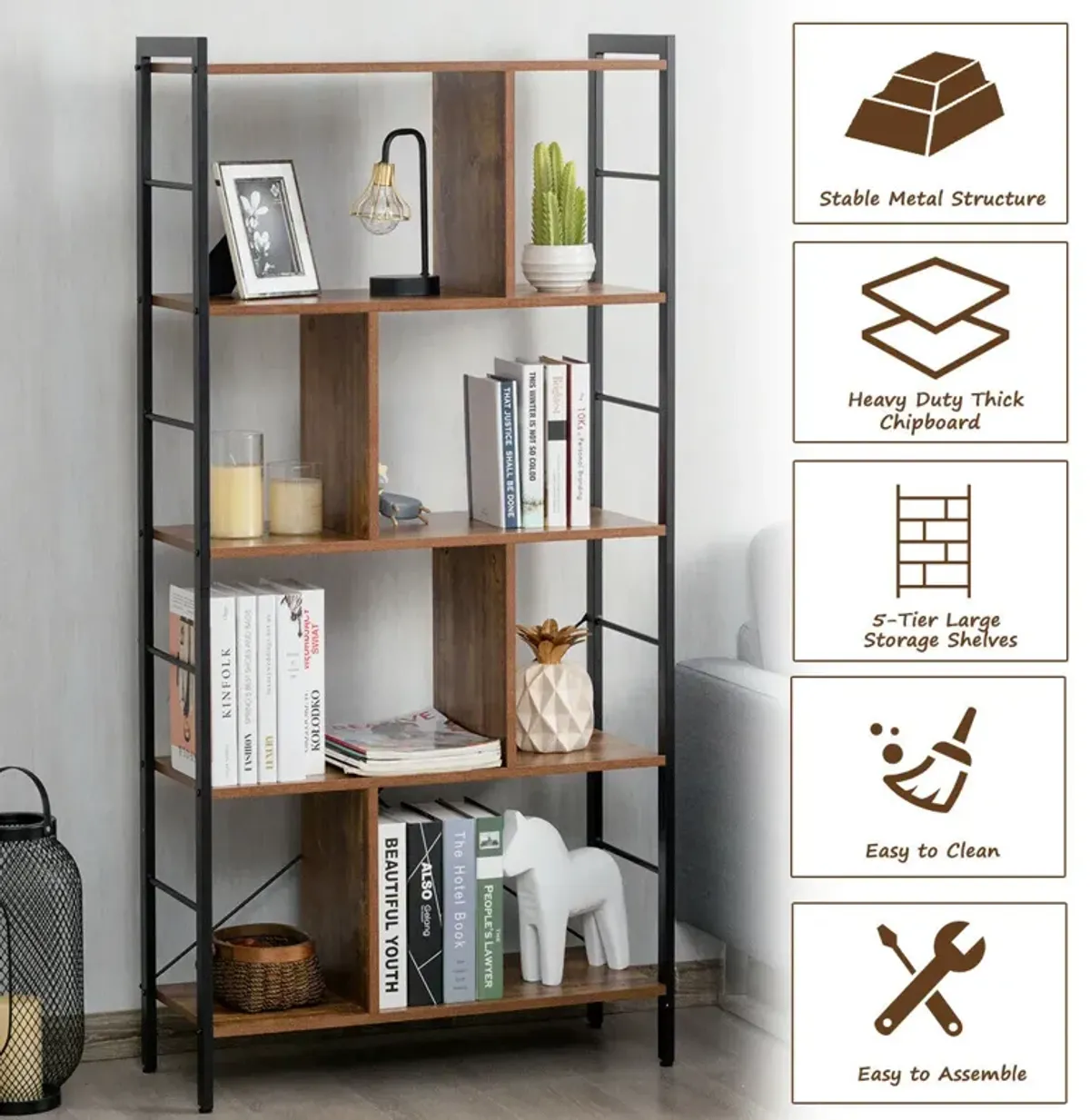 4-Tier Industrial Freestanding Bookshelf with Metal Frame