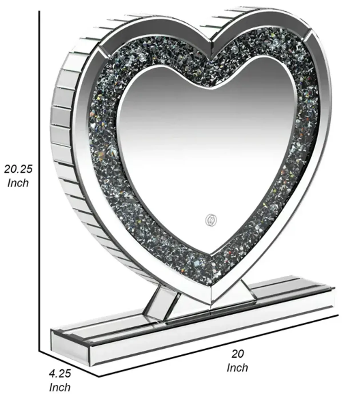 Theo 20 Inch Modern Vanity Table Mirror, Heart, Crystal Trim, Glass, Silver - Benzara