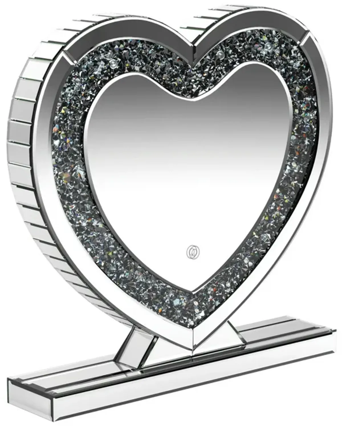 Theo 20 Inch Modern Vanity Table Mirror, Heart, Crystal Trim, Glass, Silver - Benzara