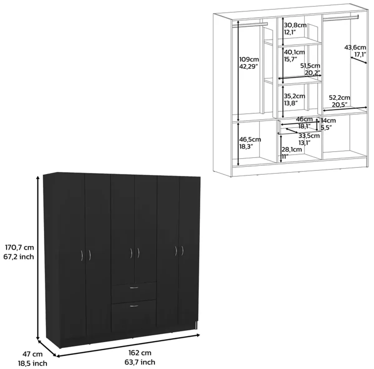 Kibo 6 Doors Armoire, One Drawer, Rod, Seven Interior Shelves, Black / White -Bedroom