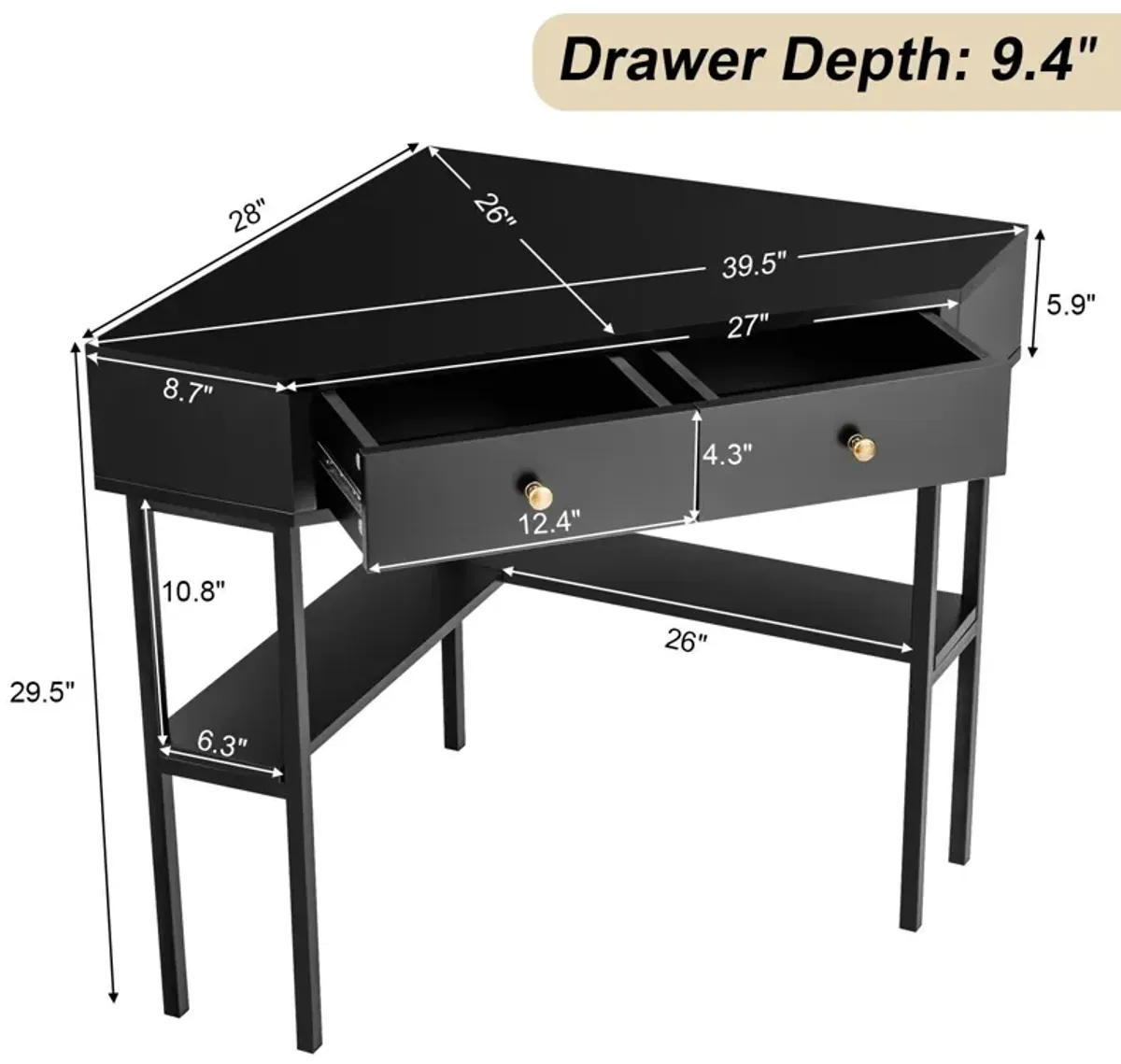 Space Saving Corner Computer Desk with 2 Large Drawers and Storage Shelf