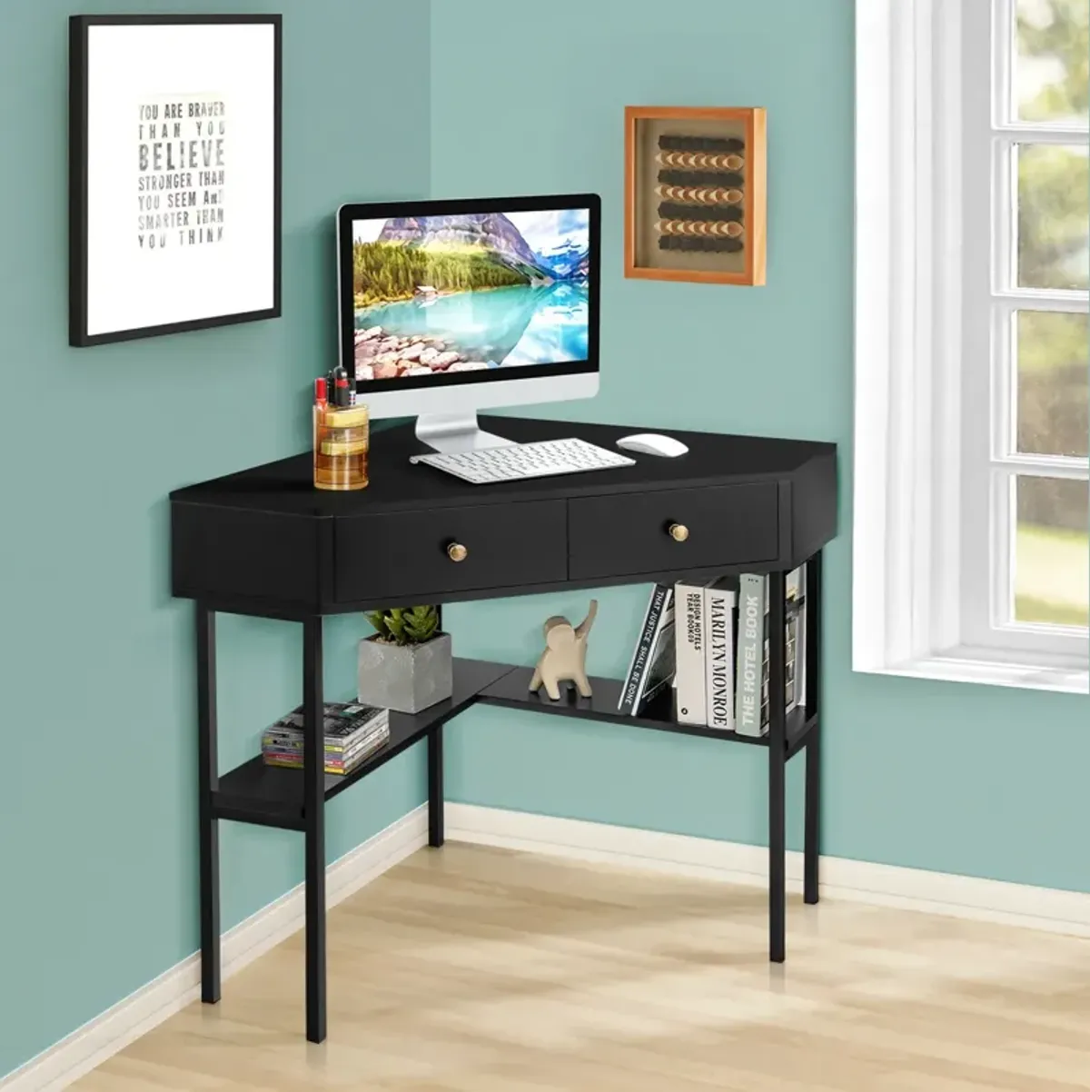 Space Saving Corner Computer Desk with 2 Large Drawers and Storage Shelf