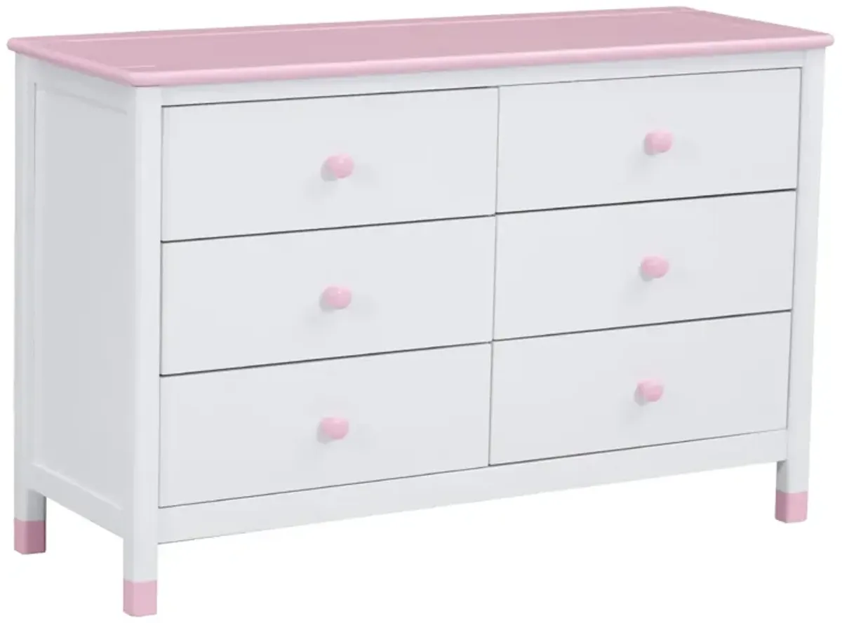 Wooden Storage Dresser With 6 Drawers, Storage Cabinet For Kids Bedroom, White+Pink