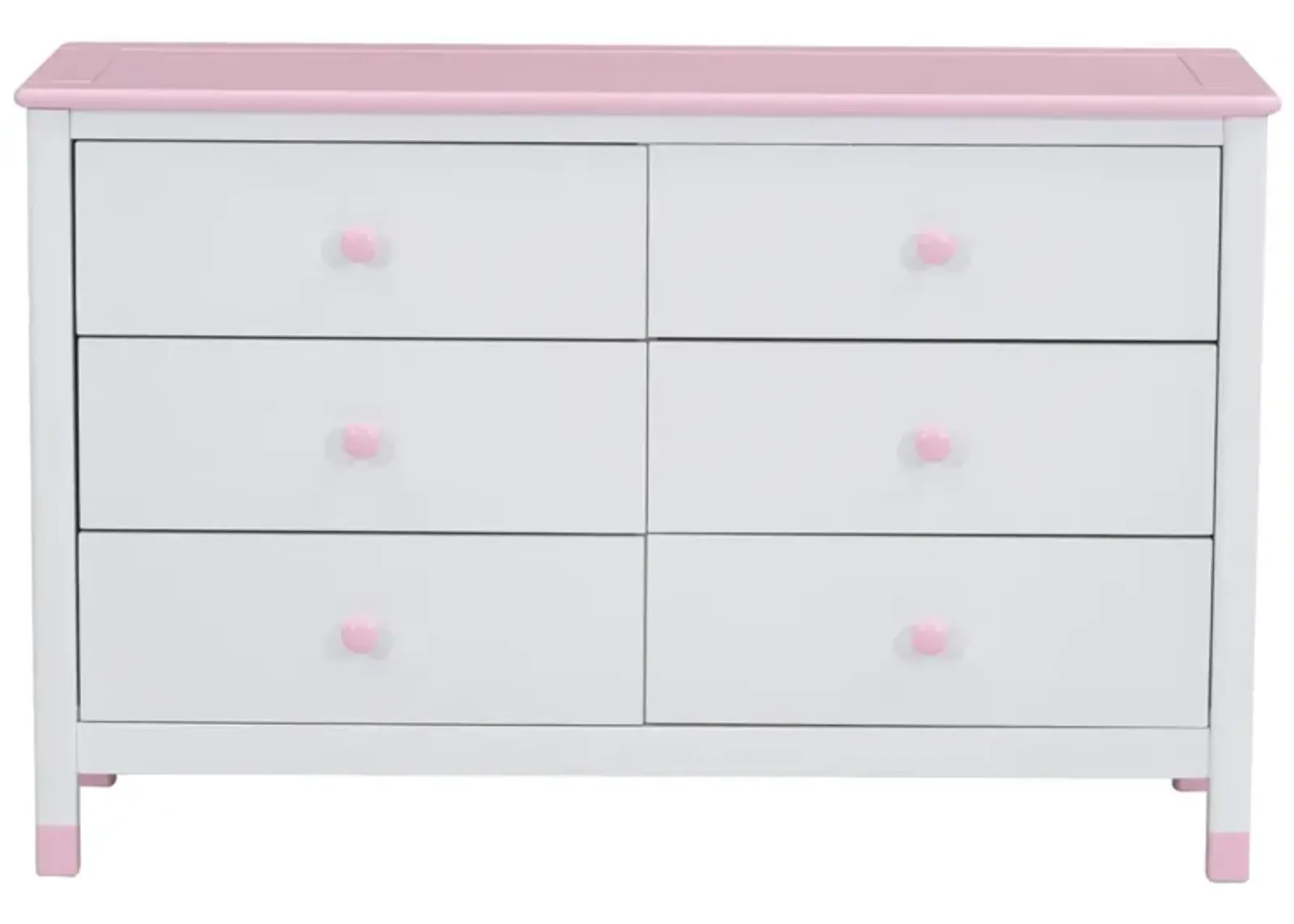 Wooden Storage Dresser With 6 Drawers, Storage Cabinet For Kids Bedroom, White+Pink