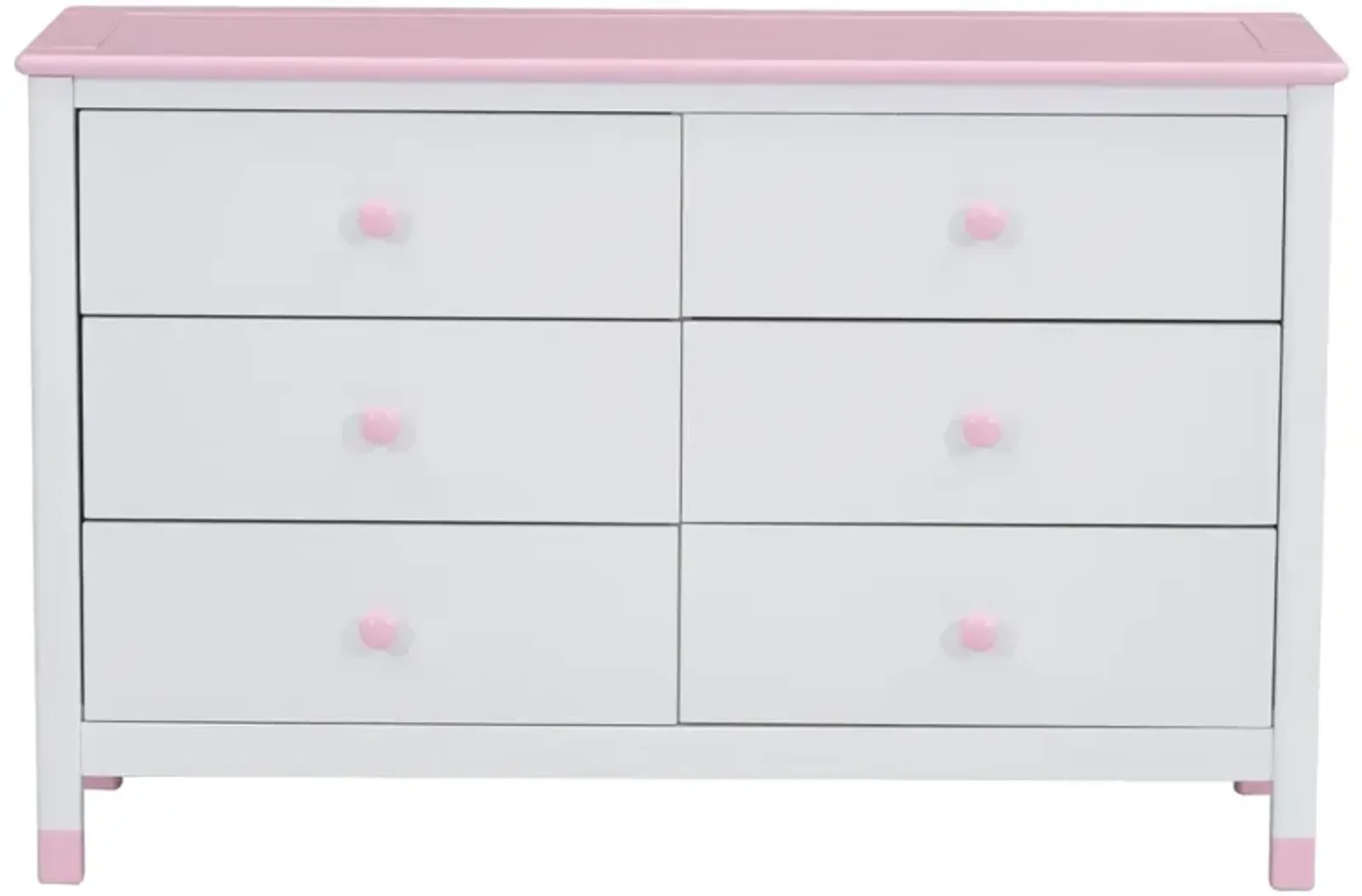 Wooden Storage Dresser With 6 Drawers, Storage Cabinet For Kids Bedroom, White+Pink