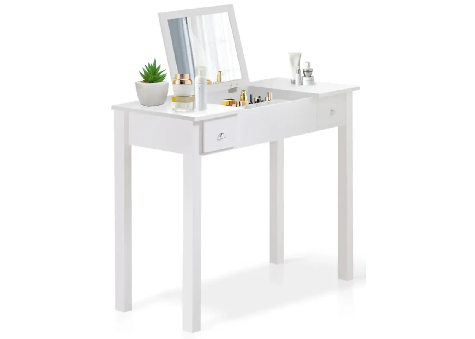 Accent White Vanity Table with Flip-Top Mirror and 2 Drawers, Jewelry Storage for Women Dressing