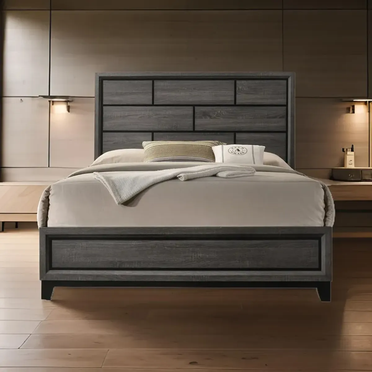 Erica Queen Size Bed, Gray, Black Wood Finish, Panel Style Headboard