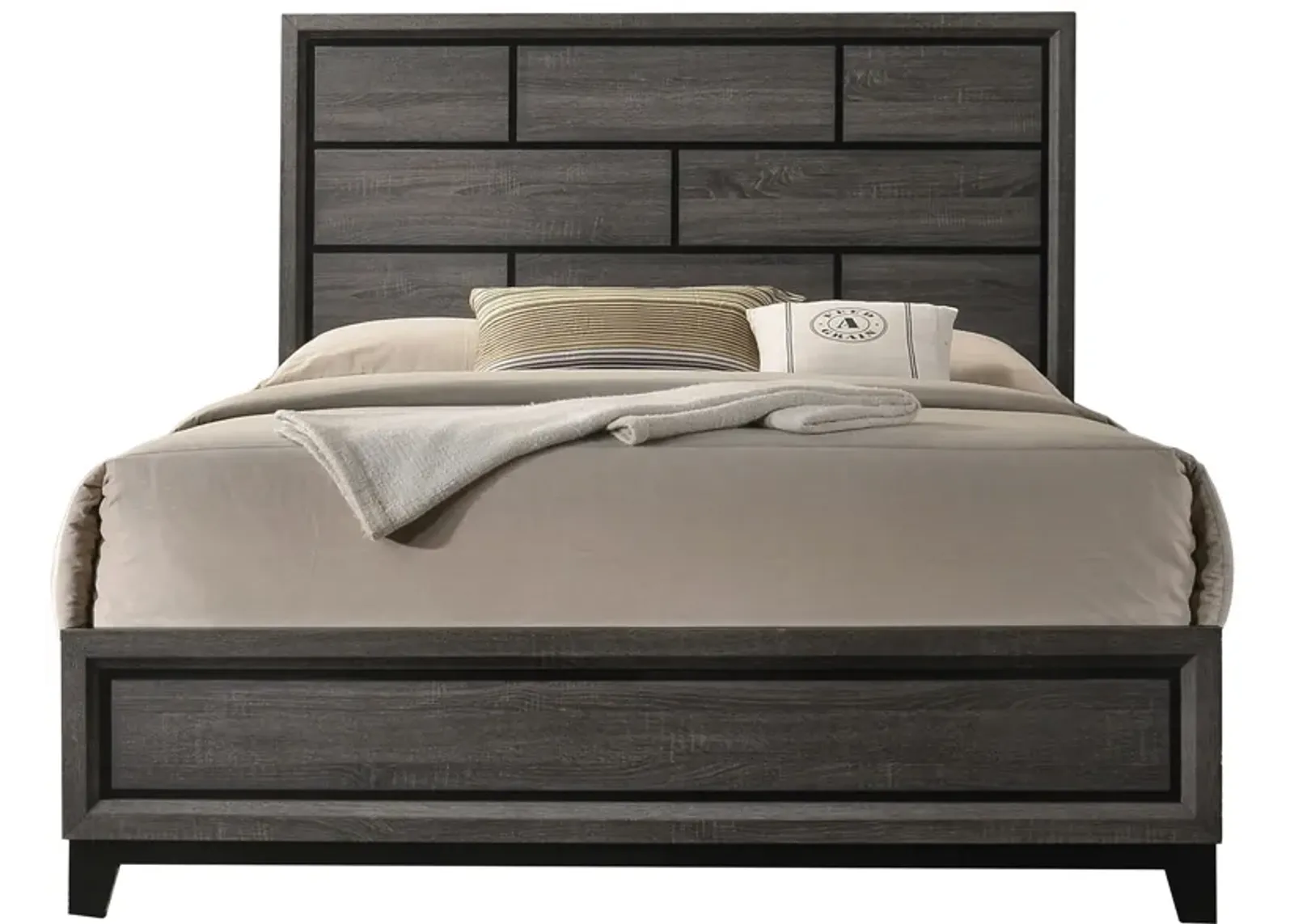 Erica Queen Size Bed, Gray, Black Wood Finish, Panel Style Headboard