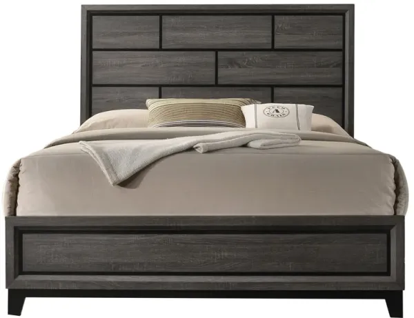 Erica Queen Size Bed, Gray, Black Wood Finish, Panel Style Headboard - Benzara
