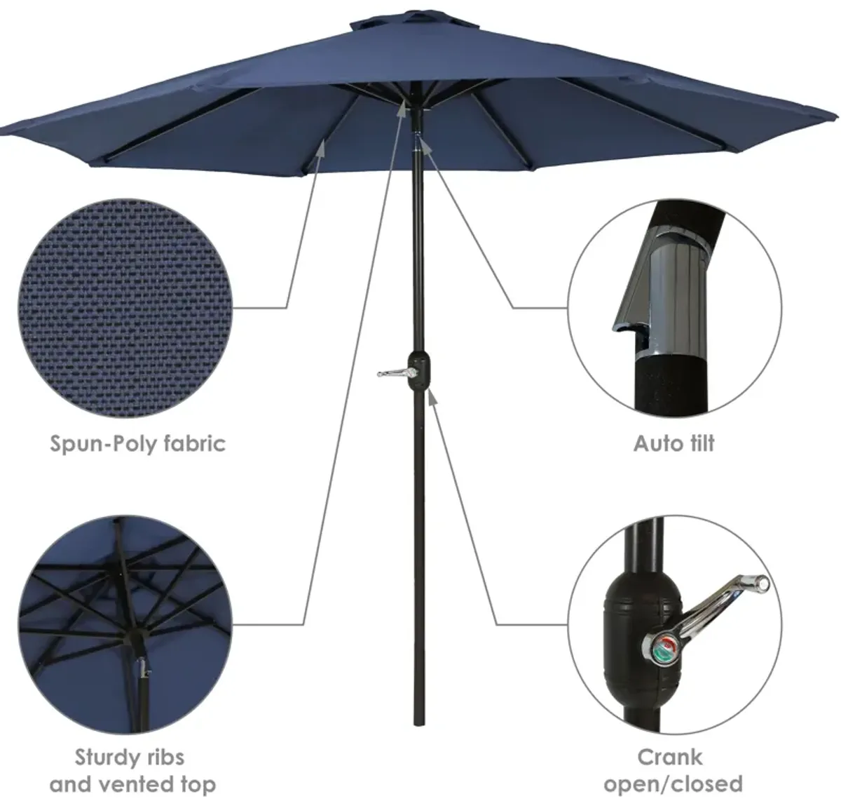 Sunnydaze 9 ft Aluminum Patio Umbrella with Tilt and Crank - Navy Blue