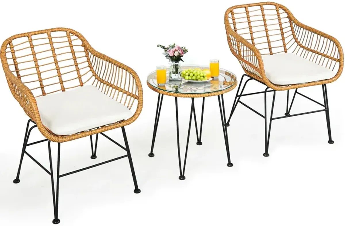 3 Pieces Rattan Furniture Set with Cushioned Chair Table