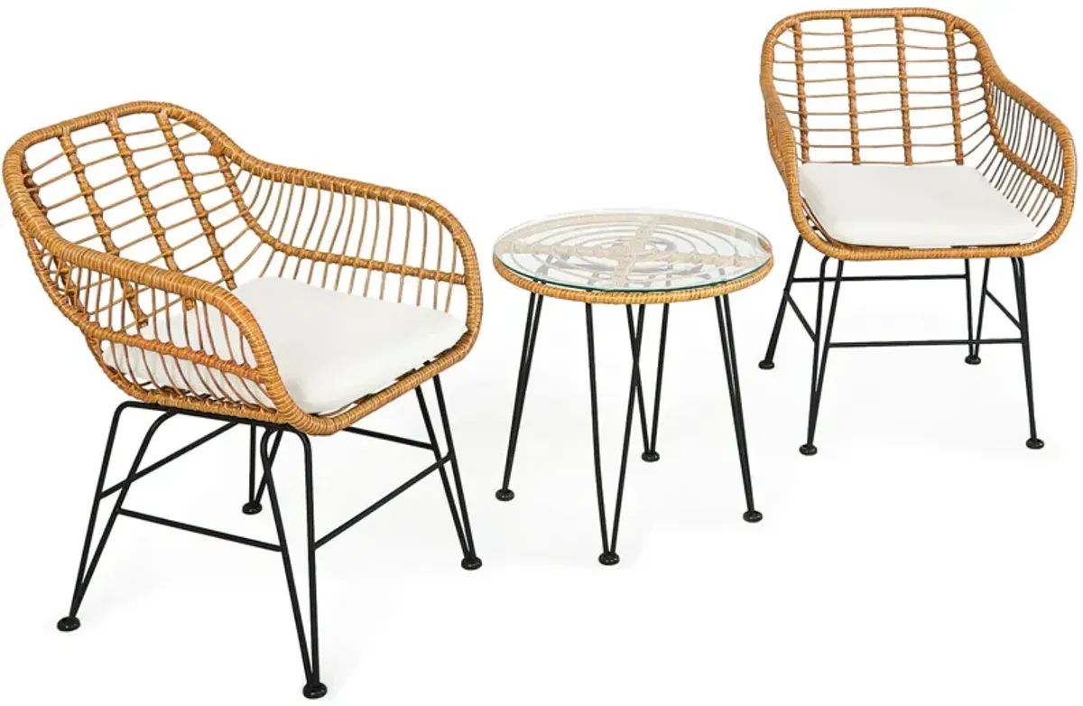 3 Pieces Rattan Furniture Set with Cushioned Chair Table