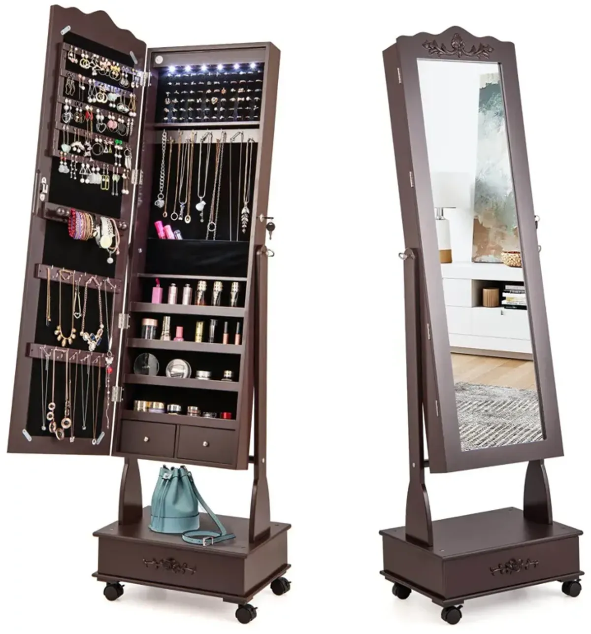 Rolling Floor Standing Mirrored Jewelry Armoire with Lock and Drawers