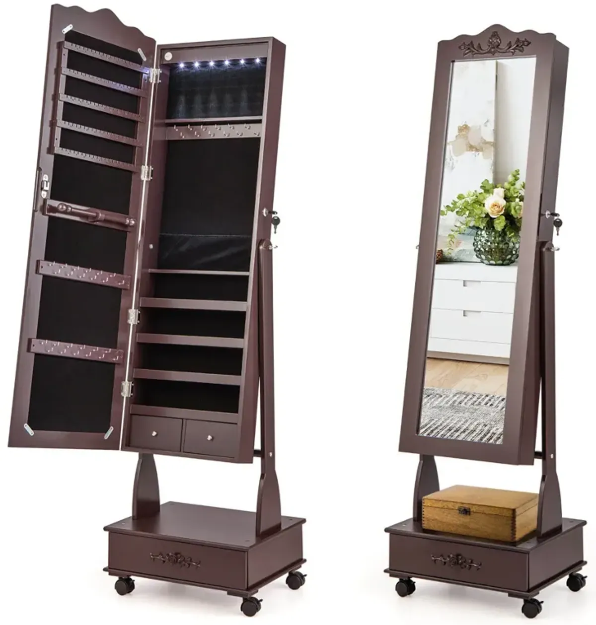 Rolling Floor Standing Mirrored Jewelry Armoire with Lock and Drawers