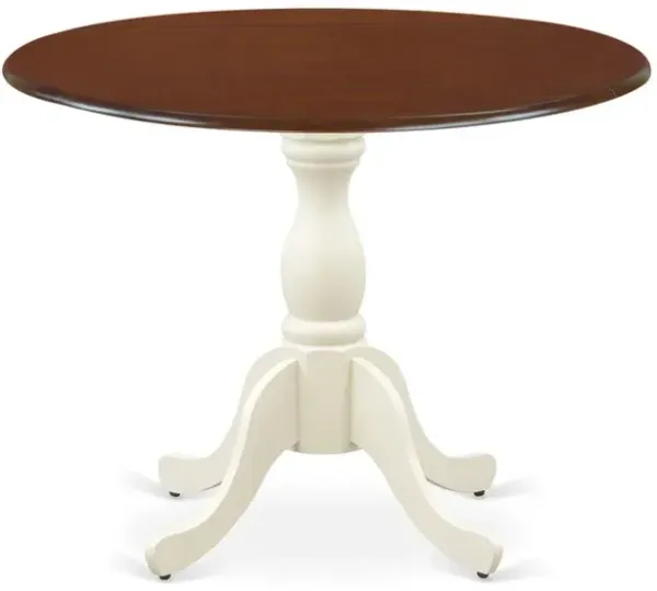 East West Furniture Mid Century Dining Table with Drop Leaves - Mahogany Table Top and Linen White Pedestal Leg Finish