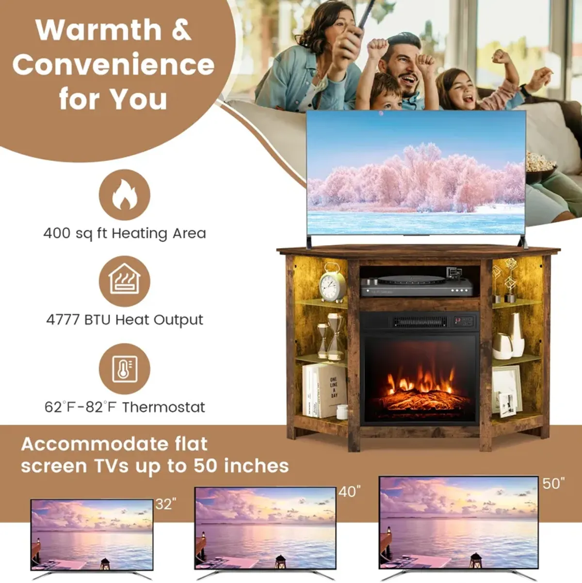 Fireplace Corner TV Stand with LED Lights and Smart APP Control for 50 Inches TV