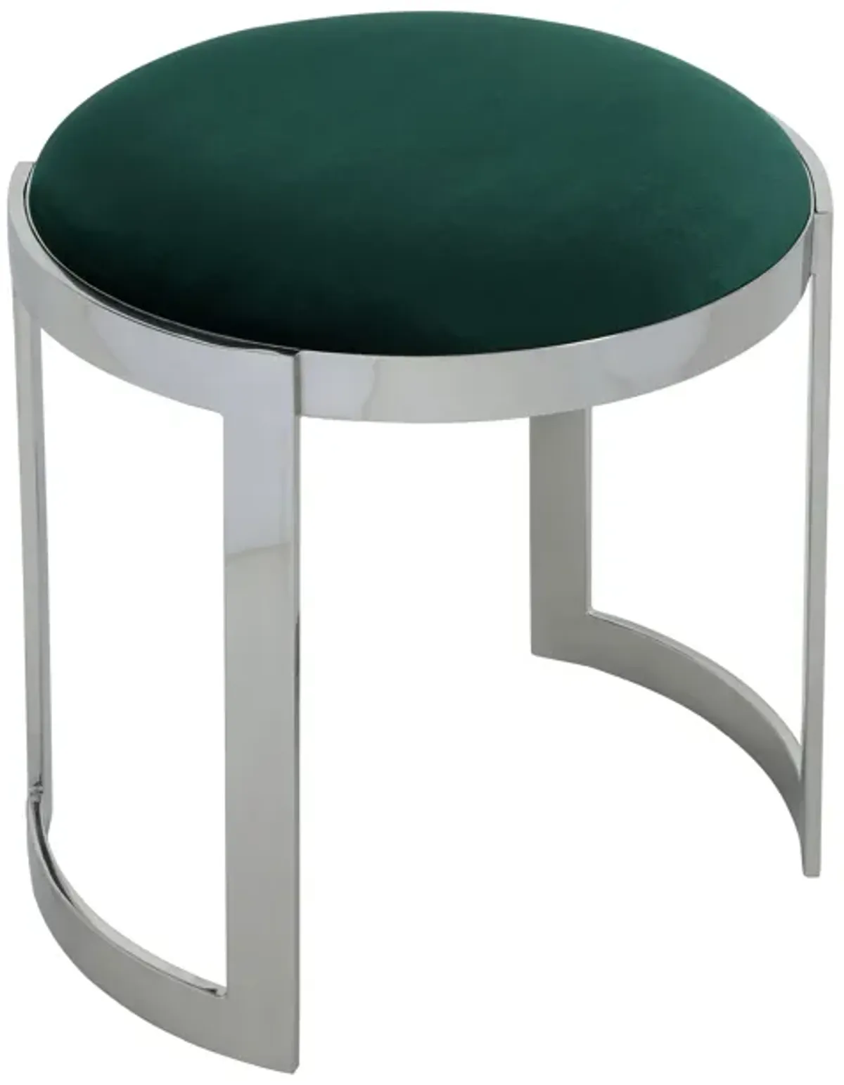 Niyo 19 Inch Accent Stool Ottoman, Round Seat, Soft Green Velvet, Silver - Benzara