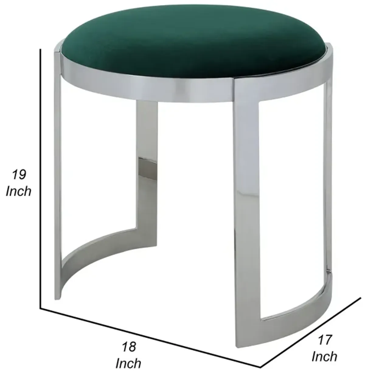 Niyo 19 Inch Accent Stool Ottoman, Round Seat, Soft Green Velvet, Silver - Benzara