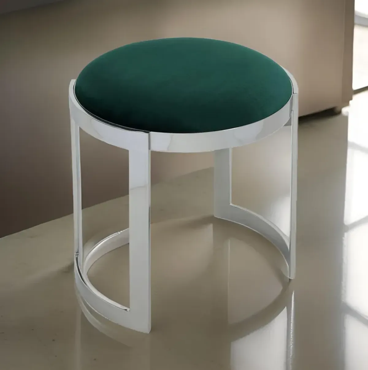 Niyo 19 Inch Accent Stool Ottoman, Round Seat, Soft Green Velvet, Silver - Benzara