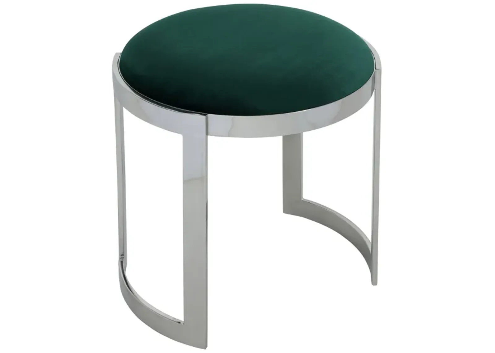 Niyo 19 Inch Accent Stool Ottoman, Round Seat, Soft Green Velvet, Silver - Benzara