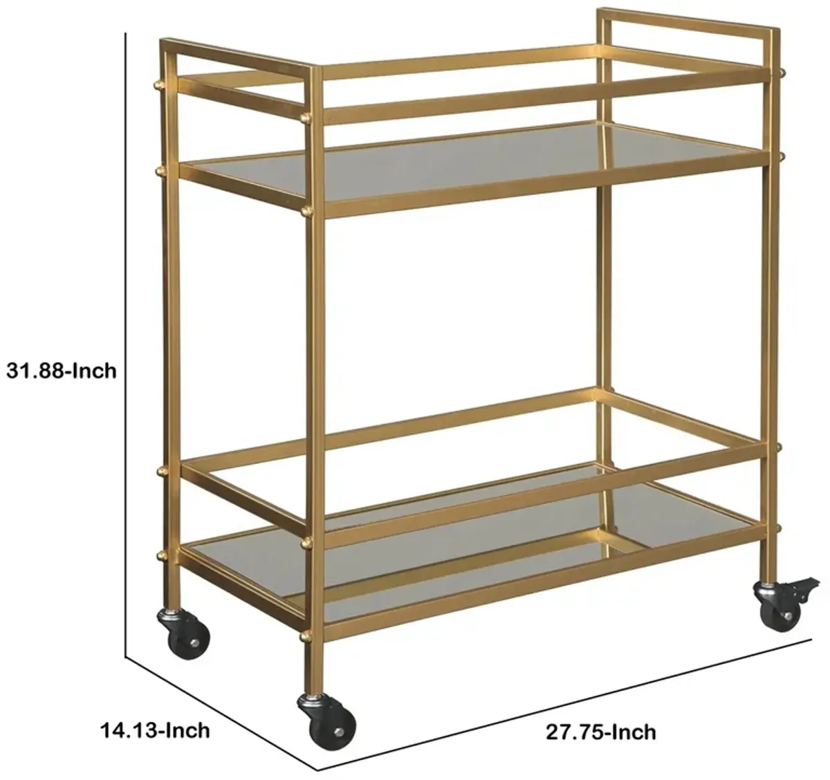 Metal Frame Bar Cart with 2 Mirrored Shelves, Gold-Benzara